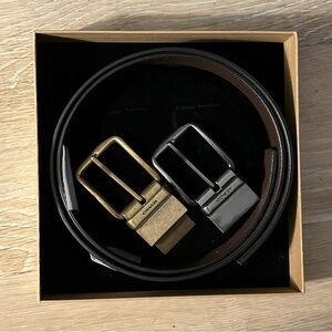 Coach Leather Men's Black Brown Belt Set Reversible Adjustable Peter Gold NIB
